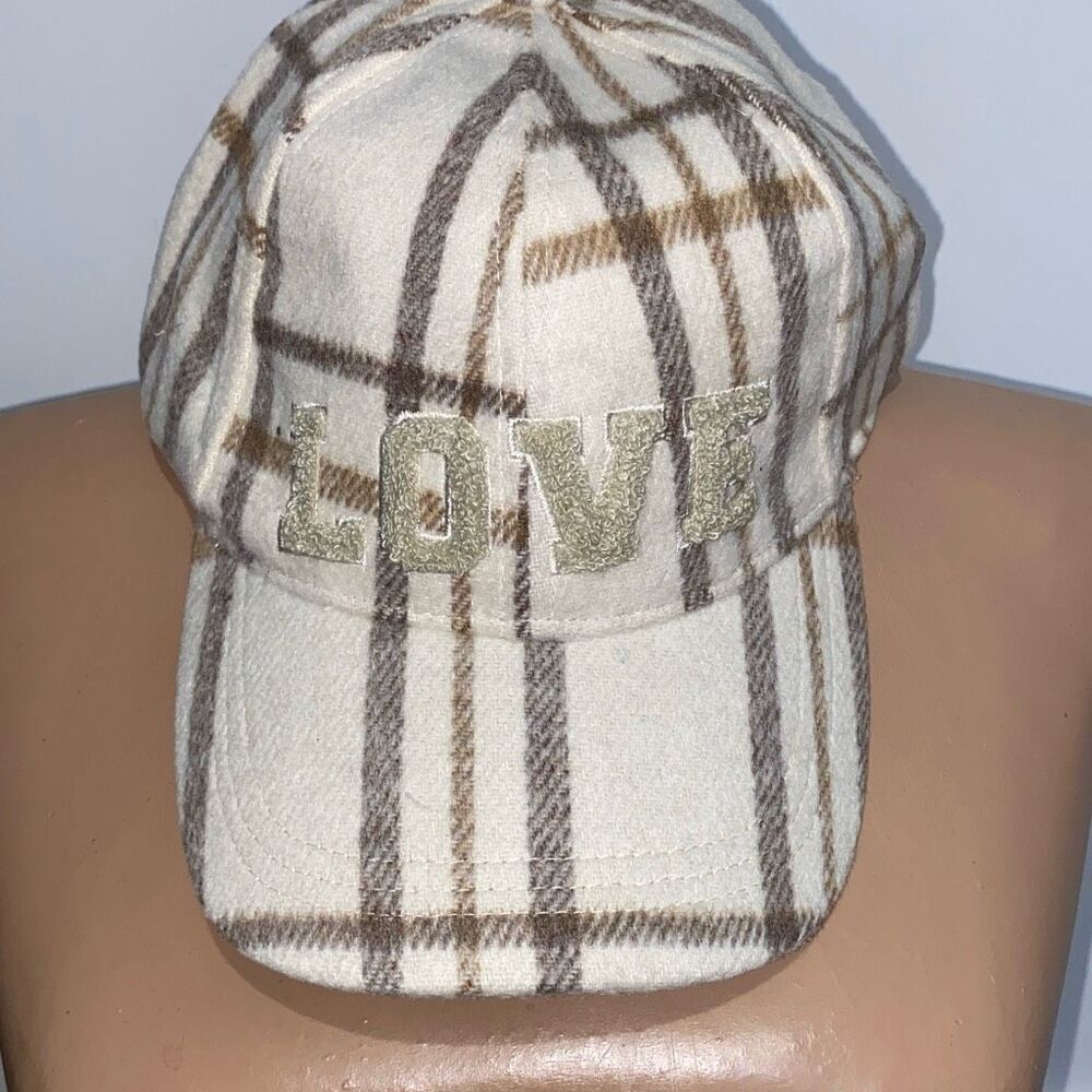 Venus Plaid Baseball Cap Cream Brown Tan LOVE Glitter Embroidery Adjustable O/S